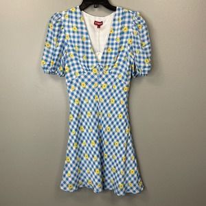 Staud Milla Mini Dress Womens 4 Blue Gingham Plaid Floral Daisy Skater V-Neck